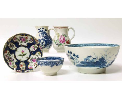 Liverpool sparrow beak jug, Worcester jug, Blue Scale saucer, bowl and one other Liverpool bowl. No condition reports for thi