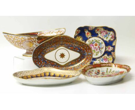 Coalport square blue scale dish in the style of Worcester together with three other dishes, and a footed dish. No condition r