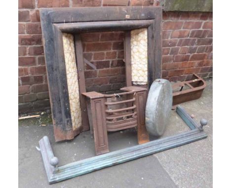 Cast iron tiled fire surround, two kerns and gong No condition reports for this sale.