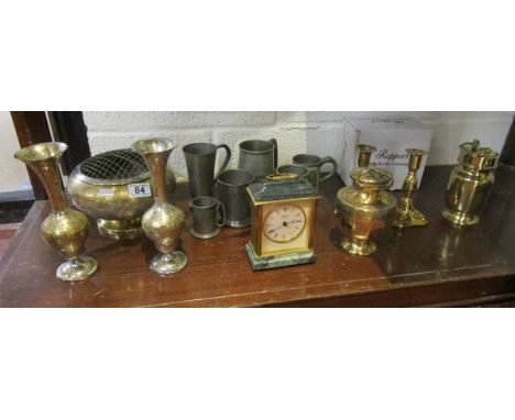 Shelf of brass, pewter etc
