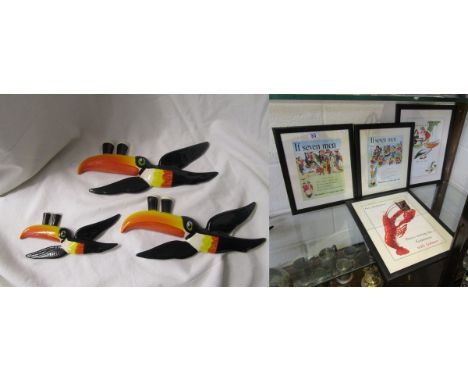 Set of 3 graduated Carlton Ware Guinness toucans & 4 Guinness prints