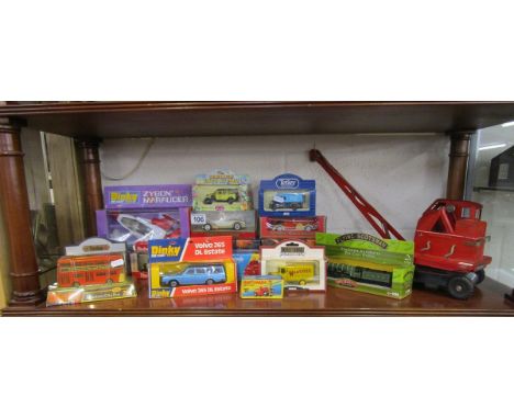 Shelf of diecast cars etc and to include Tri-Ang tin plate crane