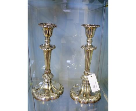 A pair of Sheffield plate knop stemmed candlestick (one a/f) 30cm high