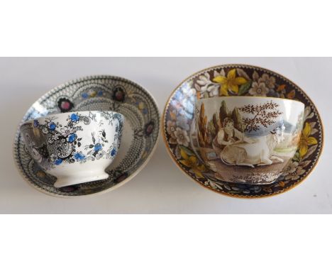Two 19th century transfer printed tea bowls with matching saucers (2)
