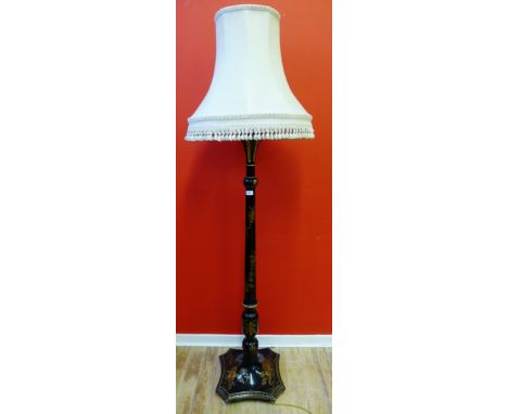 An early 20th century chinoiserie lacquered standard lamp, complete with shade, 176cm high 