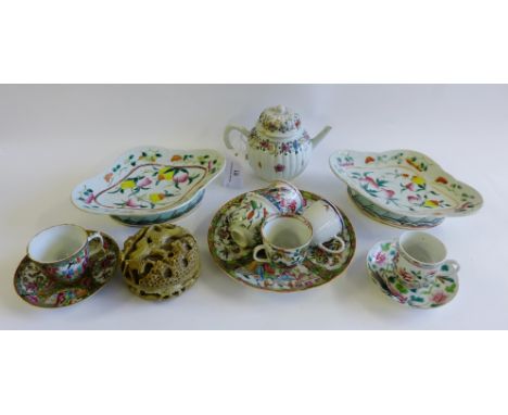A collection of Chinese Canton enamelled tea bowls and saucers, teapot, plate, and pair of pottery dishes and a soapstone jar