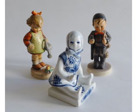 Royal Copenhagen blue and white porcelain figure of a young girl together with two Hummel figures (3)