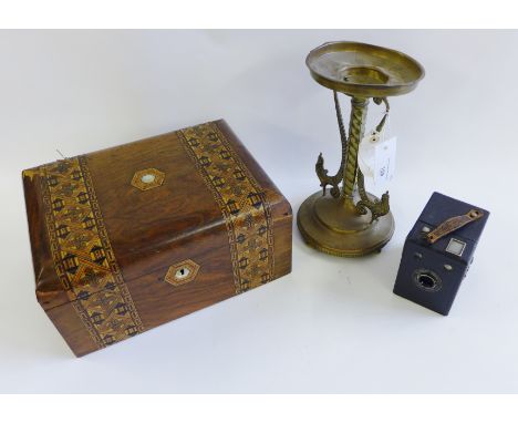A mixed lot to include a mantle clock, slate mantle clock, vintage radio, vintage camera, wooden boxes brass stands and a hot