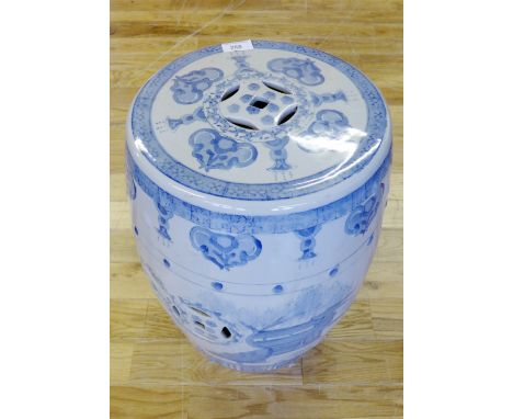 A contemporary Chinese ceramic blue and white garden stool, 48cm high