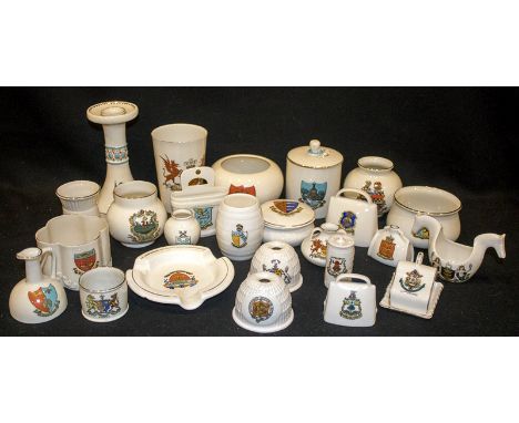 Collection Of Goss Crested Ware China, 25 Mixed Pieces To Include A Candlestick, Beakers, Trinket Box, Ashtray etc 