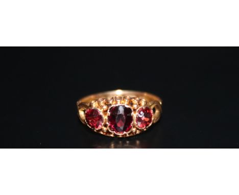 Victorian 15ct Gold Dress Ring Set With Three Garnet Coloured Stones, Chased And Engraved Shank. Fully Hallmarked. 