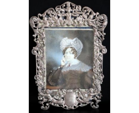 Victorian Silver Photo Frame With Painted Portrait Miniature On Ivory, Floral Decorated Photo Frame With Cherubs, Fully Hallm