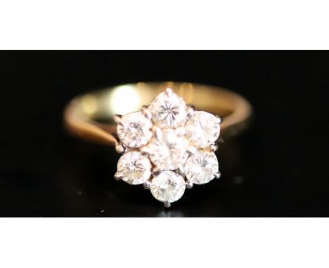 18ct Gold Diamond Cluster Ring, 7 Modern Brilliant Round Cut Diamonds In Flower Head Setting, Total Diamond Weight Approx 1.5