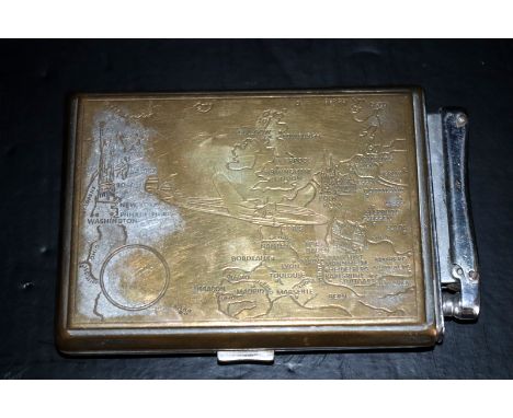 Combination Cigarette Case And Lighter, The Case With Engraved Map Of The USA To One Side And Europe To The Other, , Marked M