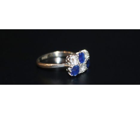 Antique 18ct Gold Sapphire And Diamond Cluster Ring, Two Rows Of Alternating Sapphires And Round Cut Diamonds In A Square Set