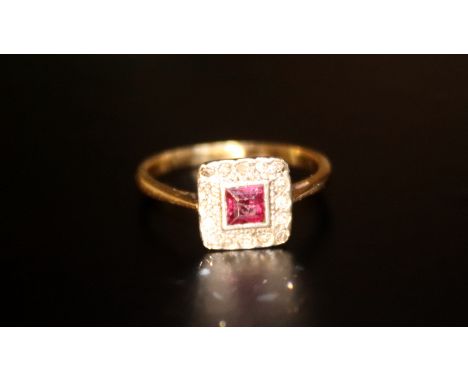 Ruby And Diamond Antique Cluster Ring, Central Ruby Surround By Round Cut Diamonds In A Square Setting, Unmarked Tests 18ct 