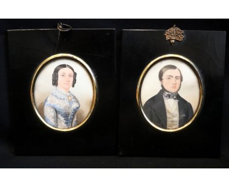 Pair Of Early 19thC Portrait Miniatures Painted On Paper Depicting An Elegant Couple. Verso Inscription On Lady "Taken At Sca