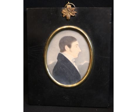 Georgian Miniature Portrait Painted On Paper Young Gentleman In Original Black Frame, Signed To The Verso Samuel Softly, Over