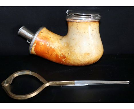 19thC Large German Meerschaum Pipe With Silver Mounts Marked RSB, + English Steel Calipers 