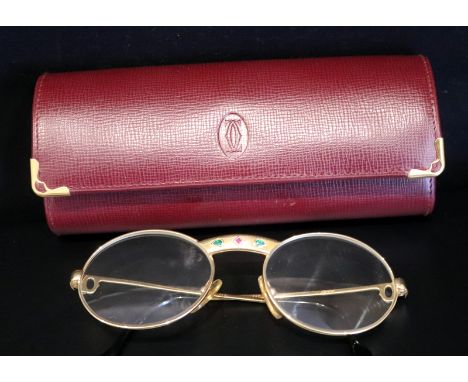 18ct Gold Cartier Glasses, Set With A Central Princess Cut Ruby Between Two Pear Shaped Emeralds, Fully Hallmarked And Stampe