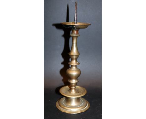 17thC Flemish Baluster Picket Candlestick With Drip Tray, On A Double Folded Base, Height 12 Inches 