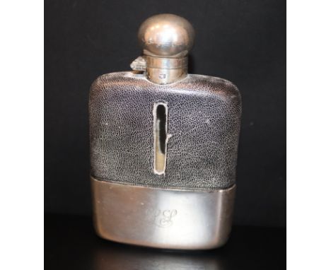 Early 20thC Hip Flask, Leather Clad With Silver Plated Removable Base Cover, 1/4 Pint 