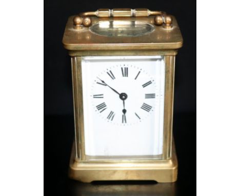 Early 20thC French Brass Cased Carriage Clock, White Dial, Roman Numerals.