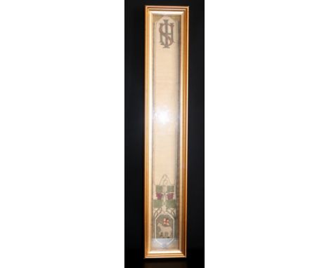 Antique Embroidered Cloth Sash, Depicting A Lamb With Grape Vine And IHS Logo, Framed And Glazed, Height 25 Inches, 3 Inches 