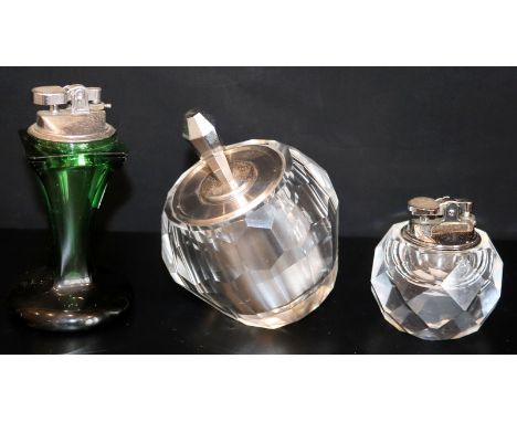 Large Art Deco Cut Glass Table lighter Together With A Green Glass And Small Cut Glass Table Lighter 