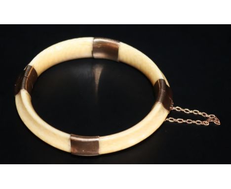 Antique Ivory And 9ct Gold Hinged Bangle With Safety Chain 