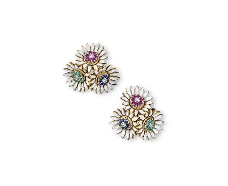 A pair of gem set enamel flower head earrings, each designed as three flower heads centred with ruby, emerald or sapphire clu