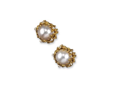 A pair of cultured pearl and diamond earrings, the cultured mabe pearls are set with stylised textured yellow gold and diamon