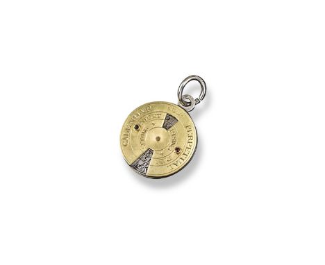 A 19th century adjustable gold and silver calendar disc pendant, set with a diamond and a ruby (one stone missing) and marked