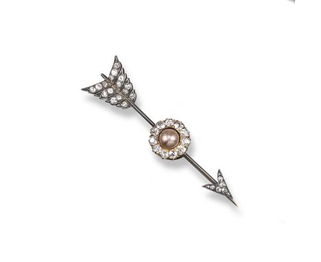 A Victorian diamond and untested pearl arrow brooch, set with old cushion cut diamonds and a central pearl and diamond cluste