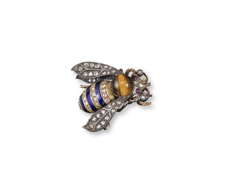 A Victorian gem-set bee brooch, the body alternately striped with lines of rose-cut diamonds and blue enamel. Rose-cut diamon