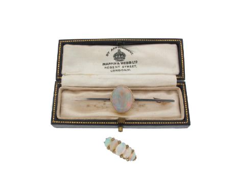 An opal and diamond-set half hoop ring, set with five graduated white opal cabochons, each separated with a rose-cut diamond 