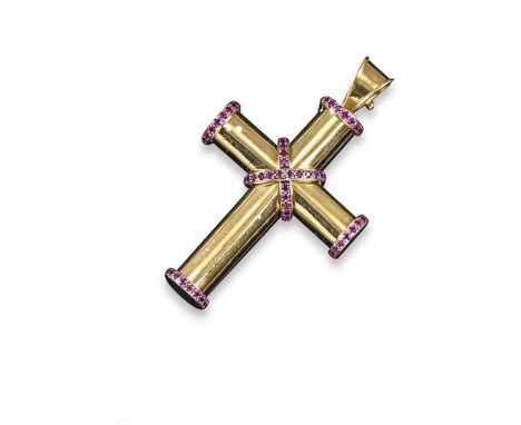 A ruby set gold cross pendant by Theo Fennell, carved and pierced to the reverse and signed Theo Fennell. 6.8cm high.