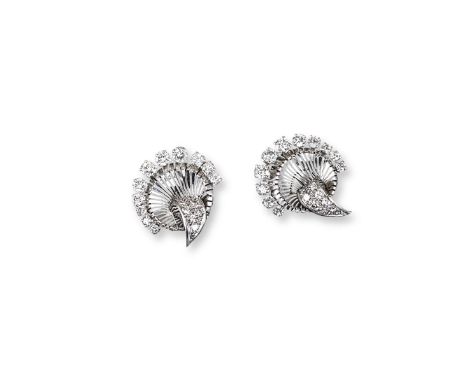 A pair of diamond spray earrings, the circular pierced discs within a graduated diamond surround and further diamond set scro