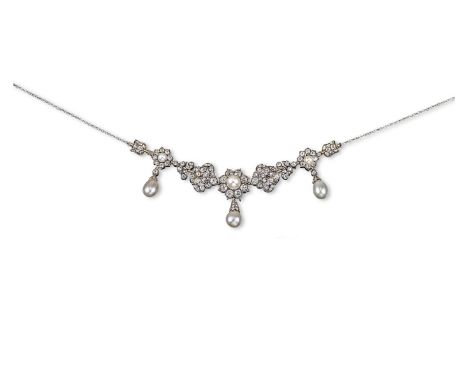 A late Victorian natural pearl and diamond necklace, the centre flowerhead design set with a pearl within a surround of circu
