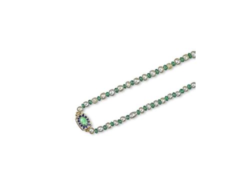 A natural pearl and emerald bead necklace, with a jade and enamel flower head gold clasp. 48cm long. Accompanied by report nu