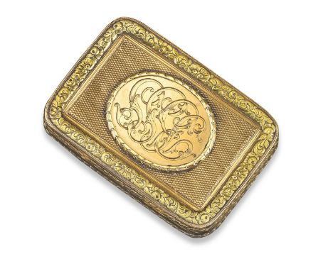 A 19th century two colour gold snuff box, of rounded rectangular form. The pink body with engine turned decoration, foliate s