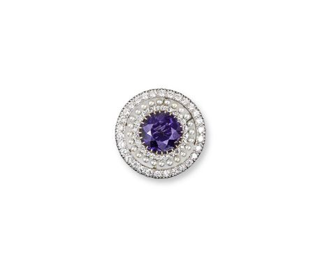 An amethyst and diamond target brooch, the circular cut amethyst is set within a surround of diamonds and pearls in white gol
