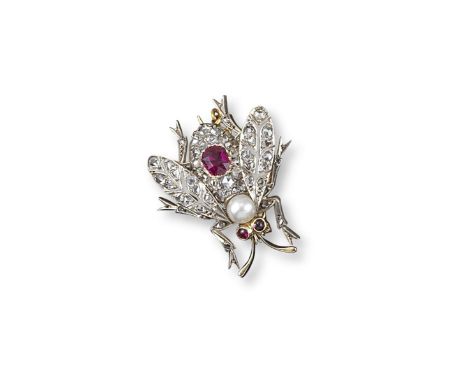 An early 20th century ruby, diamond and pearl-set bee brooch, set overall with rose-cut diamonds and the body centred with an