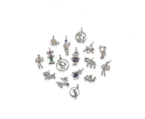 Sixteen assorted gem-set platinum and gold charms, including three dog charms, three cat charms, a windmill with triangular d