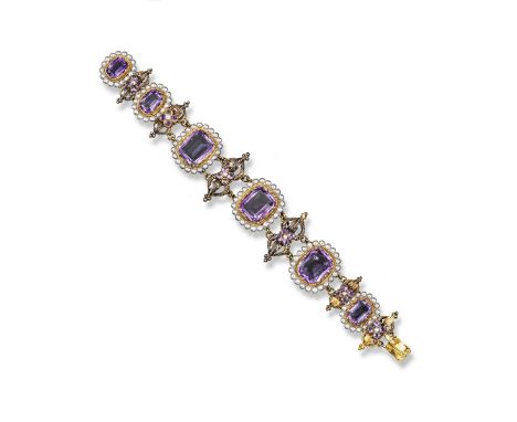 A 19th century amethyst and seed pearl bracelet, the cushion shaped amethysts are set within a surround of seed pearls betwee