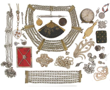 A wooden box containing assorted jewellery, costume jewellery etc, including a French gold folding lorgnette, a shakudo fan f