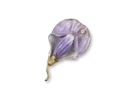 A mauve enamel and diamond set gold flower head brooch, the realistically formed sweet pea is set with an old cushion cut dia