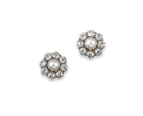 A pair of pearl and diamond cluster earrings, the pearls each set within a surround of old circular cut diamonds in yellow go