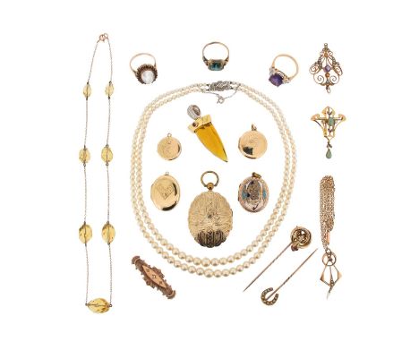 Various items of jewellery including a tooth-shaped faceted citrine-mounted gold pendant, set with small diamonds and a caboc