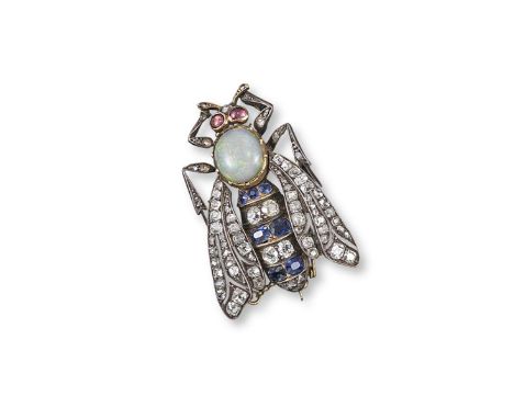 A late 19th century gem-set bee brooch, with diamond set wings, diamond and sapphires to the body and centred with an oval sh